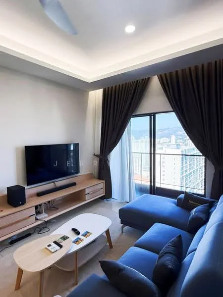 Living features: L-shape sectional sofa in blue, coffee table, wall-mounted TV, TV console in light wood, floor-to-ceiling windows, sheer curtains, blackout curtains, recessed downlights, ceiling fan, light-coloured walls, carpeted flooring, decorative items on coffee table; style: modern; view: city.