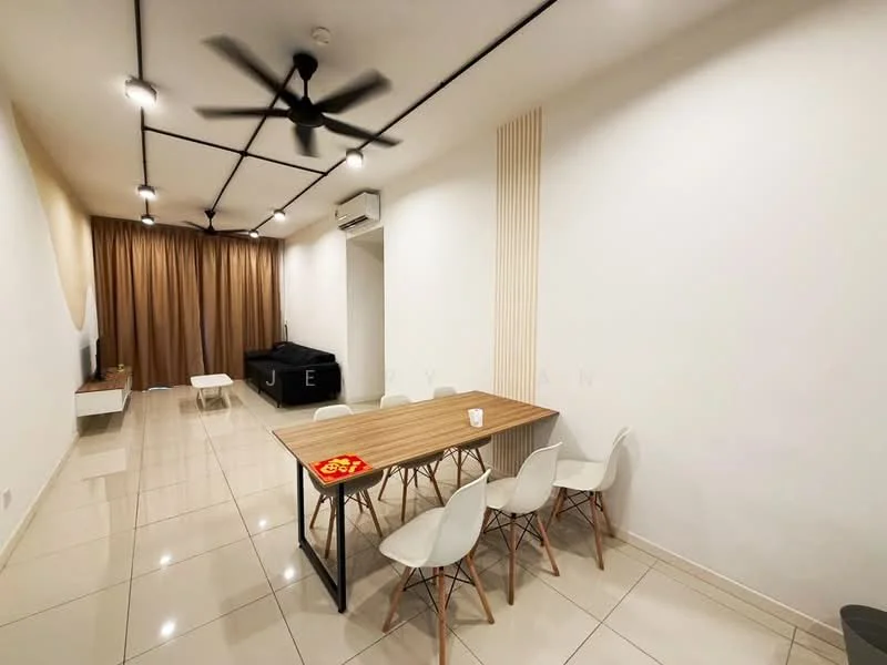 Living features: white painted walls, glossy tile flooring, 5-blade ceiling fan with light, recessed downlights, sofa in black, dining table with 6 white chairs, curtains in brown, air conditioning unit, decorative wall paneling; style: modern.