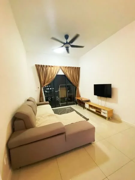 Living features: 3-seater fabric sofa in grey, ceiling fan, floor-to-ceiling windows, sheer curtains, wall-mounted TV, TV console with storage, area rug, neutral painted walls, tile flooring; style: modern; view: city.