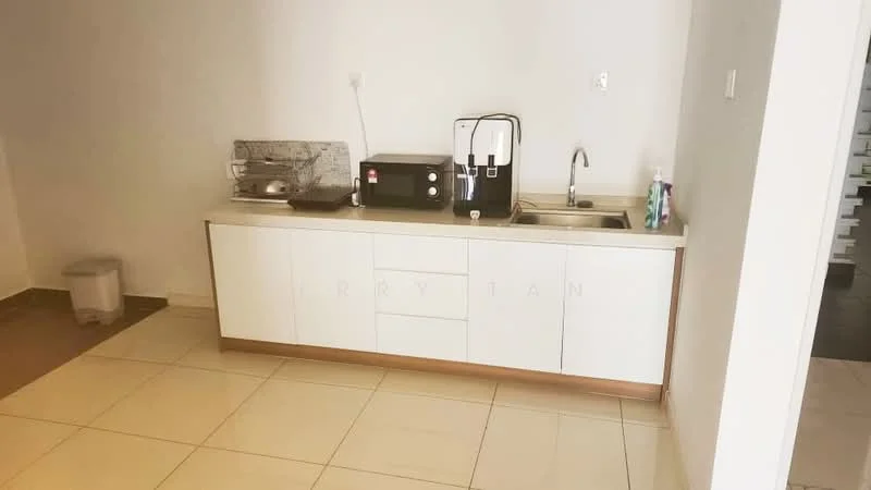 Kitchen features: white cabinetry with flat-panel doors, marble countertop, single-bowl stainless-steel sink, chrome pull-down faucet, built-in coffee machine, freestanding water dispenser, tile flooring, wall-mounted electrical outlet; style: modern.