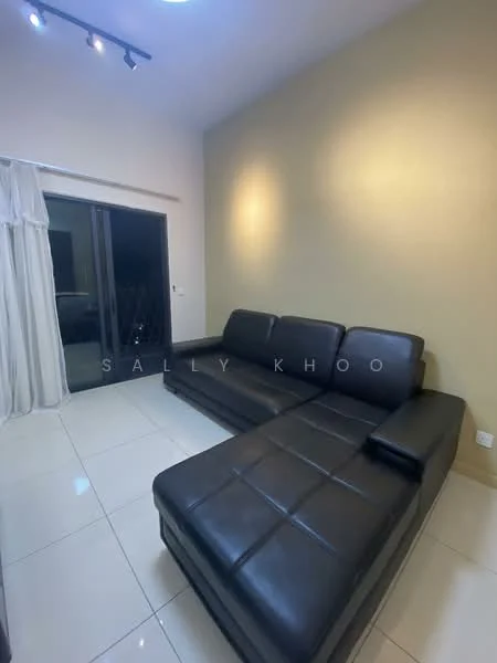 Living features: black leather sectional sofa, white tiled flooring, cream painted walls, floor-to-ceiling windows, sheer curtains, recessed downlights, wall-mounted lighting, open layout; style: modern.