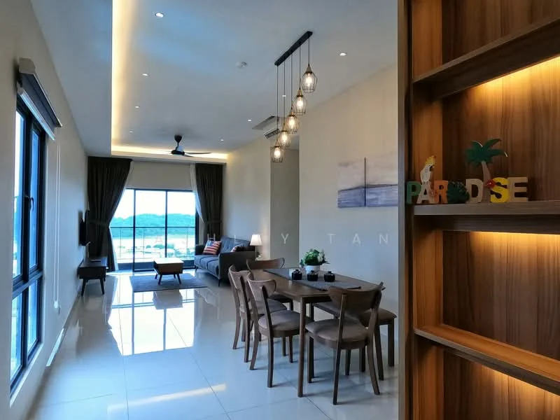 Living features: floor-to-ceiling windows, sliding glass door, grey fabric sofa, wooden coffee table, 4-seater dining table, wooden dining chairs, pendant lighting, recessed downlights, white painted walls, glossy tile flooring, ceiling fan, decorative wall shelf, decorative items on shelf; style: modern; view: garden.