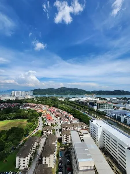 Exterior type: high-rise condominium; features: city skyline view, surrounded by greenery, view of hills in background, mixed residential and commercial buildings, open sky with clouds, urban landscape; style: modern.