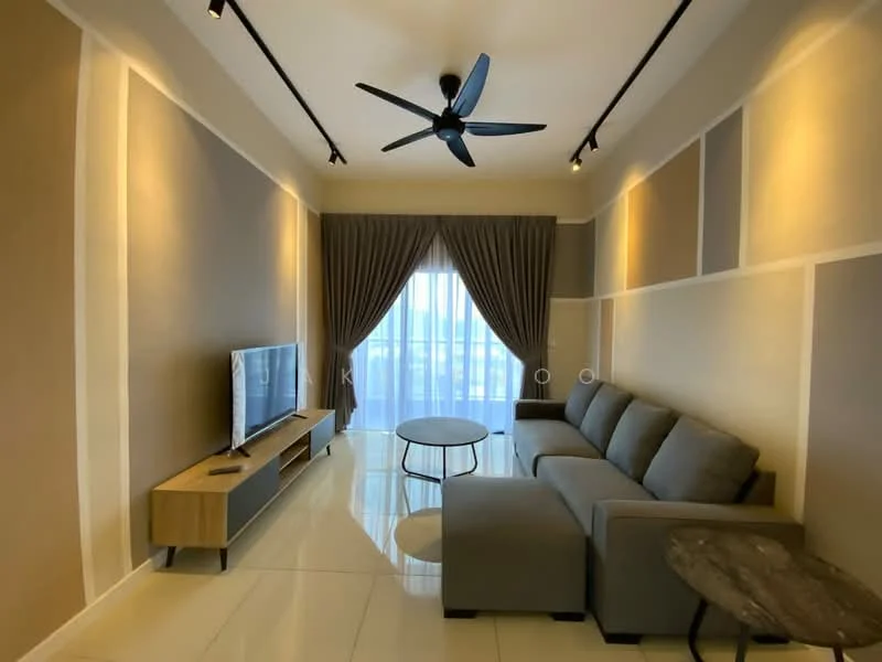 Living features: 3-seater fabric sofa in grey, coffee table, wall-mounted TV, TV console, floor-to-ceiling windows, sheer curtains, 5-blade ceiling fan with light, recessed downlights, white tiled flooring, cream painted walls, accent wall with geometric pattern, area rug; style: modern; view: city.