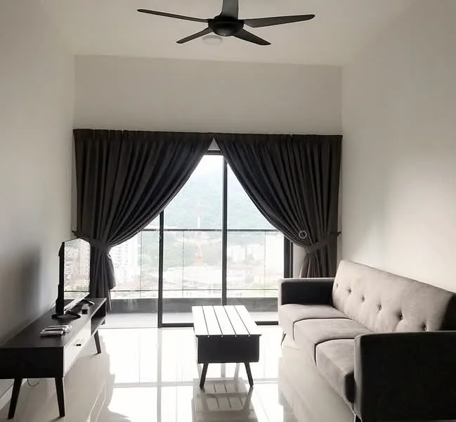 Living features: 3-seater fabric sofa in grey, coffee table, TV console, wall-mounted TV, floor-to-ceiling windows, blackout curtains, ceiling fan, glossy tile flooring, mountain view; style: modern; view: mountain.