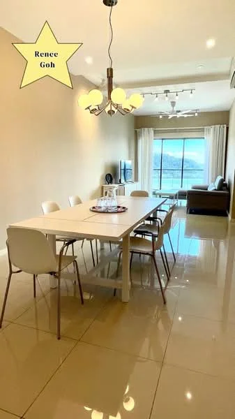 Dining features: white dining table, 8 dining chairs, chandelier with 6 bulbs, cream painted walls, glossy tile flooring, floor-to-ceiling windows, sheer curtains, ceiling fan with light; style: modern; view: city. Living features: sofa, coffee table, TV console, area rug; style: modern; view: city.