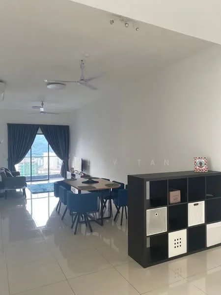 Living features: white painted walls, glossy tile flooring, 5-blade ceiling fan, large sliding glass door, floor-to-ceiling windows, curtains, sofa, dining table with chairs, decorative shelving unit, TV console; style: modern; view: city.