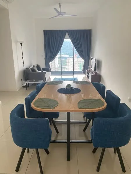 Dining features: 6-seater dining table, wooden dining table, blue upholstered dining chairs, decorative table runner, floor-to-ceiling windows, city view, white painted walls, tile flooring, ceiling fan, curtains, sideboard, wall-mounted TV; style: modern; view: city. Living features: 2-seater fabric sofa in grey, floor lamp, coffee table, TV console; style: modern; view: city.