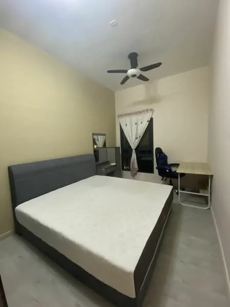 Bedroom features: king-size bed, upholstered headboard, ceiling fan with light, wooden flooring, window with sheer curtains, study desk, chair, mirror, light-colored painted walls; style: modern.