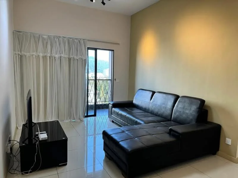 Living features: black leather sectional sofa, black TV console, floor-to-ceiling windows, sheer curtains, white walls, glossy tile flooring, recessed downlights, mountain view; style: modern; view: mountain.