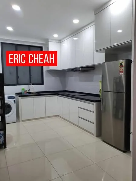 Kitchen features: white high-gloss cabinetry, black granite countertop, stainless-steel fridge, built-in oven, 4-burner gas hob, single-bowl stainless-steel sink, chrome pull-down faucet, ceramic tile flooring, recessed LED downlights, floor-to-ceiling window, washing machine, open shelving; style: modern.