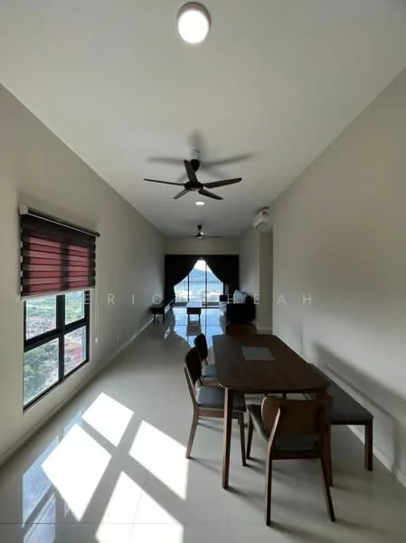 Dining features: dining table, 4 dining chairs, 5-blade ceiling fan with light, floor-to-ceiling windows, roller blinds, light-colored walls, glossy tile flooring, air conditioning unit; style: modern; view: city. Living features: sofa area, coffee table, decorative curtains, natural light from windows; style: modern; view: city.