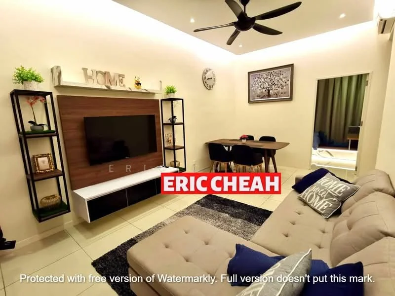 Living features: 3-seater fabric sofa in beige, coffee table, wall-mounted TV, TV console with storage, black shelving unit, decorative wall clock, framed artwork, ceiling fan, recessed downlights, tile flooring, neutral wall color, dining table with 4 black chairs; style: modern.