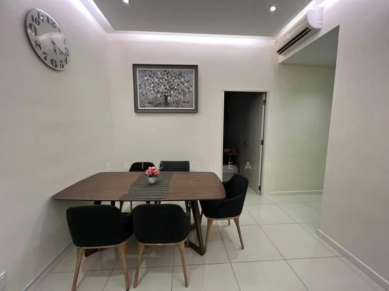 Dining features: rectangular wooden dining table, 4 black upholstered dining chairs, white painted walls, tile flooring, recessed LED downlights, wall clock, framed artwork, air conditioning unit; style: modern.
