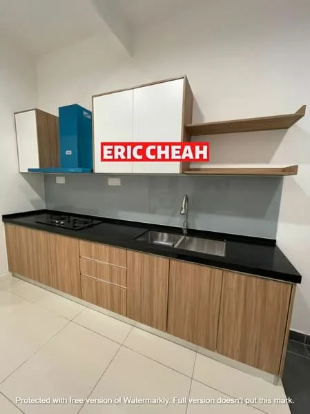 Kitchen features: laminate cabinetry in light wood finish, black granite countertop, single-bowl stainless-steel sink, chrome pull-down faucet, built-in gas hob, white upper cabinets, open shelving, grey tiled backsplash, white walls, ceramic tile flooring; style: modern.