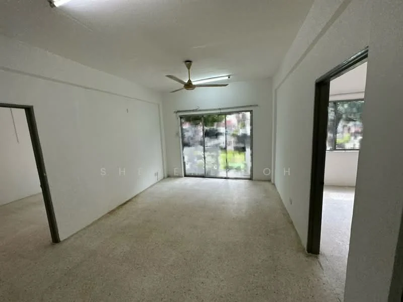 Room features: white painted walls, concrete flooring, 5-blade ceiling fan, sliding glass door, floor-to-ceiling windows, natural light from windows, view of greenery outside; view: garden.