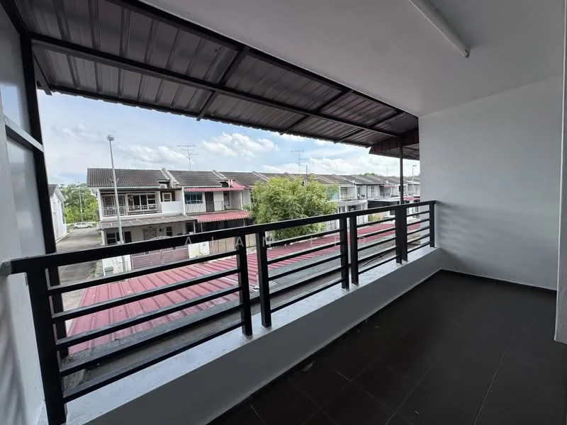 Balcony features: metal railing, roof overhang, tiled flooring, open view, exterior wall painted white, view of neighboring houses, view of red roofs, overhead lighting; style: modern; view: neighborhood.
