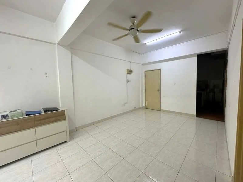 Room features: white painted walls, ceiling fan, tile flooring, fluorescent ceiling lights, single door, built-in cabinetry, empty space, no visible furniture; style: minimalist.