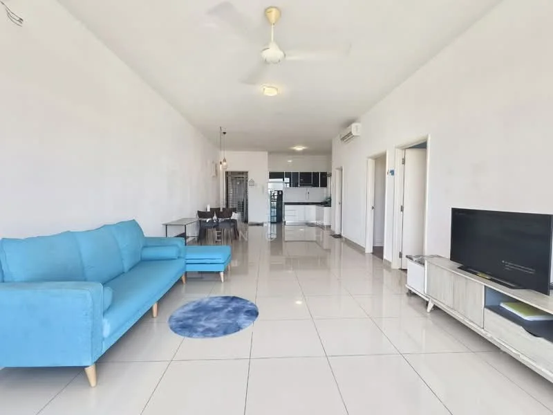 Living features: 3-seater fabric sofa in light blue, coffee table, TV console, wall-mounted TV, area rug with circular pattern, ceiling fan, recessed downlights, large windows, glossy ceramic tile flooring, white painted walls, open layout to kitchen, dining area visible in background; style: modern. Kitchen features: kitchen island, stainless-steel fridge, built-in oven, freestanding range oven, white cabinetry, black countertops, open shelving, tile backsplash; style: modern.