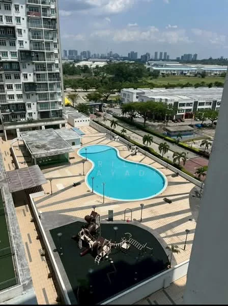 Exterior type: high-rise condominium; features: swimming pool, pool deck with loungers, children's playground, manicured landscaping, paved walkways, surrounded by palm trees, view of city skyline, multi-storey building, open-air recreational area; style: modern.