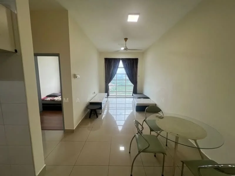 Living features: glossy ceramic tile flooring, white painted walls, ceiling fan with light, large window with view, curtains, glass dining table, metal dining chairs, two single beds in background, floor-to-ceiling window, natural light; style: modern; view: garden.