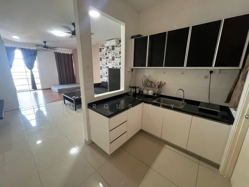 Kitchen features: black granite countertop, white cabinetry, single-bowl stainless-steel sink, chrome pull-down faucet, built-in stove, kitchen appliances including kettle and coffee machine, wall-mounted cabinets, tile flooring; style: modern. Living features: floor-to-ceiling windows, sliding glass door, grey sofa, wooden flooring, ceiling fan, decorative wall with photo frames, curtains, TV console; style: modern.