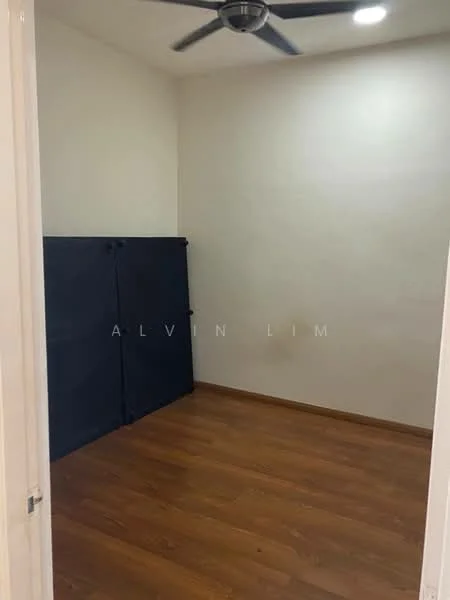 Room features: wooden flooring, white painted walls, ceiling fan, no visible windows, storage unit or cabinet in dark color, recessed lighting.