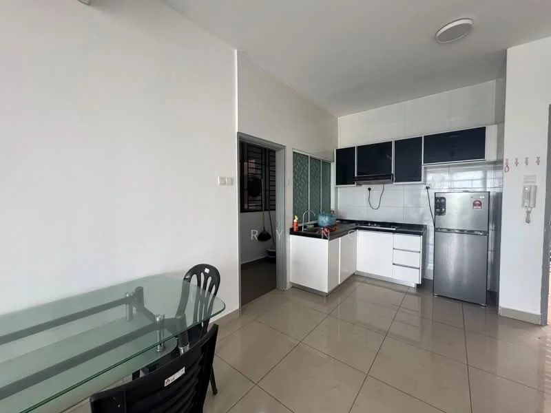 Kitchen features: white cabinets, black countertop, stainless-steel fridge, built-in stove, kitchen sink, wall-mounted faucet, ceramic tile flooring, recessed ceiling lights, open layout, glass dining table, black dining chairs; style: modern.