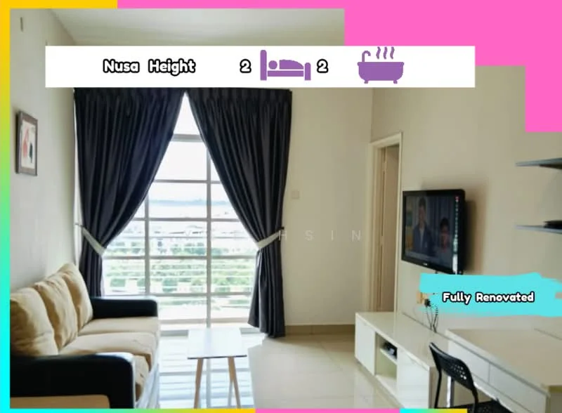Living features: 3-seater fabric sofa in beige, floor-to-ceiling windows, blackout curtains, wall-mounted TV, TV console in white, cream tiled flooring, decorative wall art, open layout, city view; style: modern; view: city.