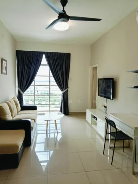 Living features: 3-seater fabric sofa in beige and black, coffee table, wall-mounted TV, TV console, floor-to-ceiling windows, sheer curtains, dark blue blackout curtains, ceiling fan with light, glossy tile flooring, decorative wall art, light-colored walls; style: modern; view: city.