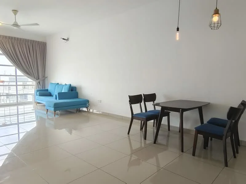 Living features: light blue fabric sofa, 2-seater sofa, 4-seater dining table, wooden dining chairs with blue upholstery, white painted walls, glossy ceramic tile flooring, ceiling fan, hanging pendant light, floor-to-ceiling windows, curtains, natural light; style: modern; view: city.