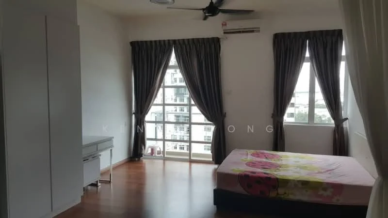 Bedroom features: queen-size bed with floral bedding, wooden flooring, floor-to-ceiling windows, grey curtains, white walls, 1 wall-mounted split AC, ceiling fan, study desk, built-in wardrobe; style: modern; view: city.