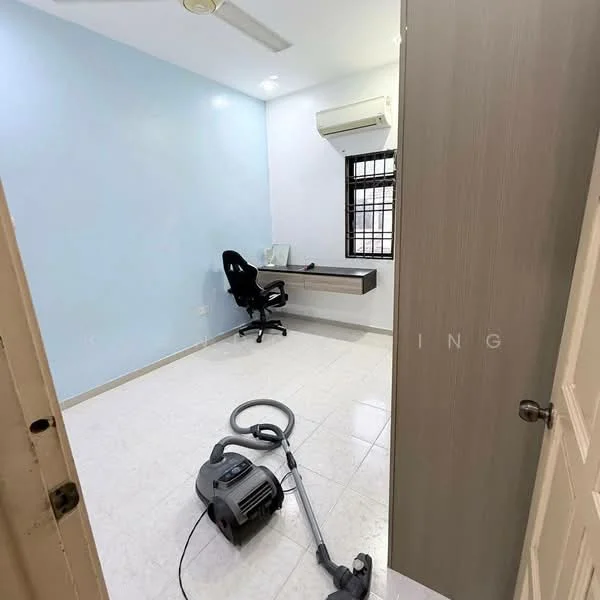 Room features: light blue painted walls, white tiled flooring, 1 wall-mounted split AC, ceiling fan, desk with wall-mounted shelf, black office chair, window with grille, vacuum cleaner on floor; style: modern.
