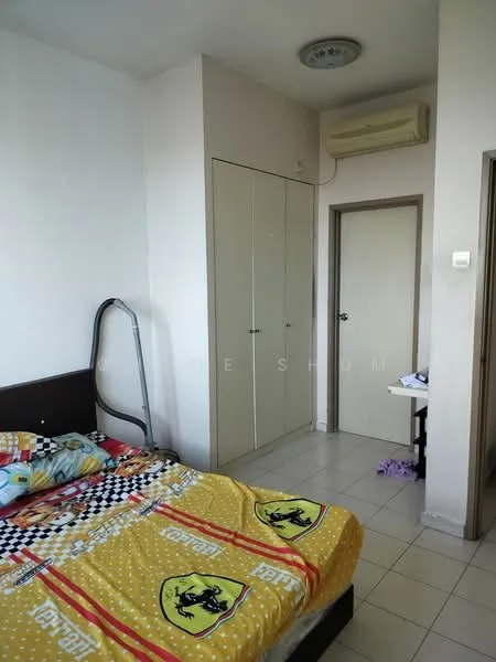 Bedroom features: queen-size bed with patterned bedding, built-in wardrobe with sliding doors, wall-mounted air conditioning unit, cream painted walls, tile flooring, door leading to hallway, light fixture on ceiling, window with natural light.