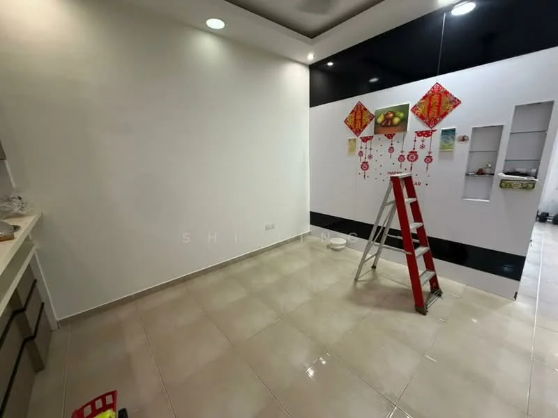 Room features: white painted walls, black accent wall, glossy tile flooring, recessed ceiling lights, decorative wall art, ladder, open shelving, wall-mounted storage, neutral color scheme; style: modern.
