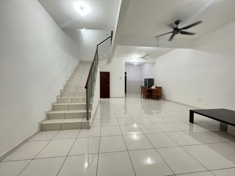 Living features: white painted walls, glossy white floor tiles, 5-blade ceiling fan, recessed downlights, large windows, open layout, dining table with chairs, staircase with white railing, black coffee table; style: modern.