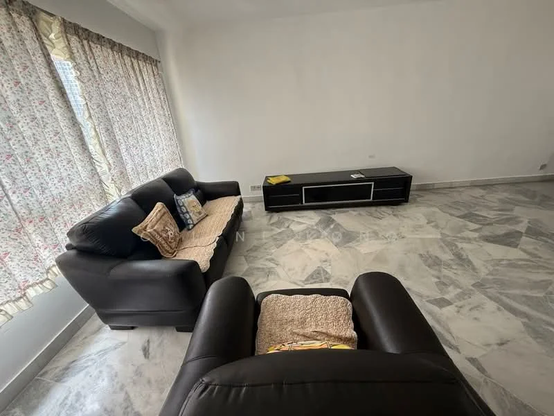 Living features: black leather 3-seater sofa, black leather armchair, marble flooring, large window with floral patterned sheer curtains, TV console with drawers, decorative cushions on sofa, neutral painted walls, light-colored throw blanket on armchair; style: modern.