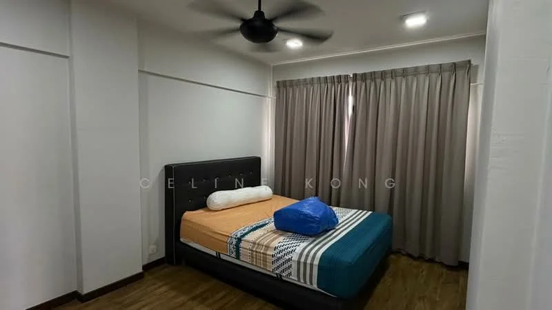 Bedroom features: queen-size bed with black upholstered headboard, blue decorative pillow, white bolster pillow, striped bedspread, wooden flooring, grey curtains, ceiling fan, recessed LED downlights, wall-mounted light switch, window with natural light; style: modern.