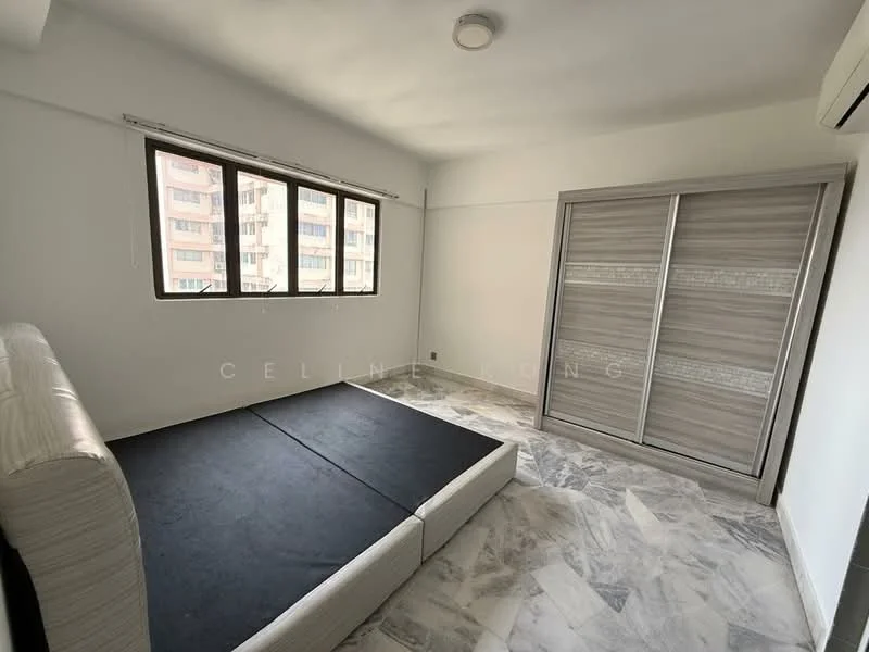 Bedroom features: white painted walls, marble tile flooring, floor-to-ceiling windows, built-in wardrobe with sliding doors, ceiling light fixture, air conditioning unit, unfurnished bed frame, neutral color scheme; style: modern; view: city.