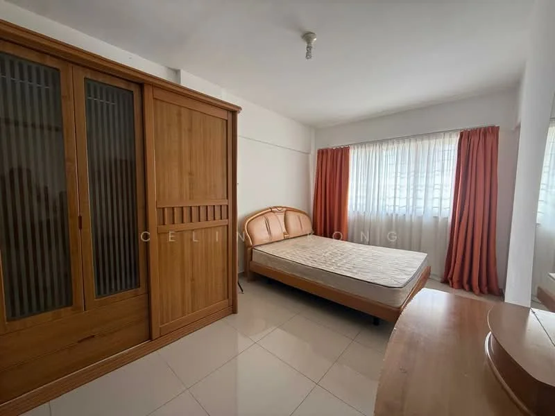 Bedroom features: queen-size bed, wooden headboard, built-in wardrobe with sliding doors, curtains in orange, white sheer curtains, tile flooring, light fixture on ceiling, wall-mounted mirror, neutral wall color; style: modern.
