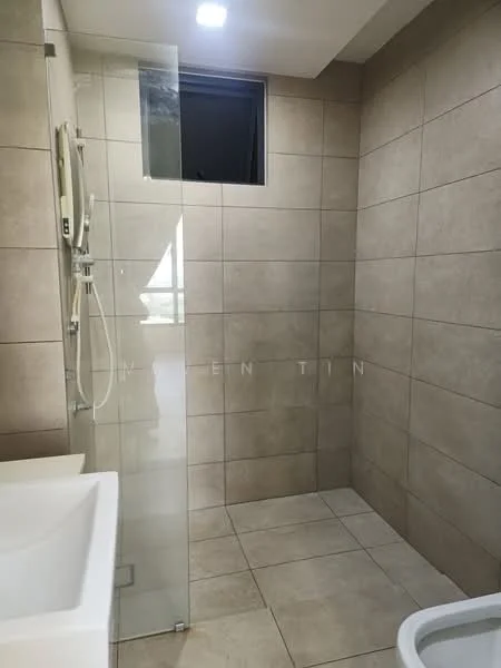 Bathroom features: walk-in shower with glass enclosure, rain shower head, handheld shower, single-sink vanity with white cabinet, chrome basin mixer, framed mirror, one-piece toilet, tile cladding to walls, ceramic tile flooring, recessed downlights; style: modern.
