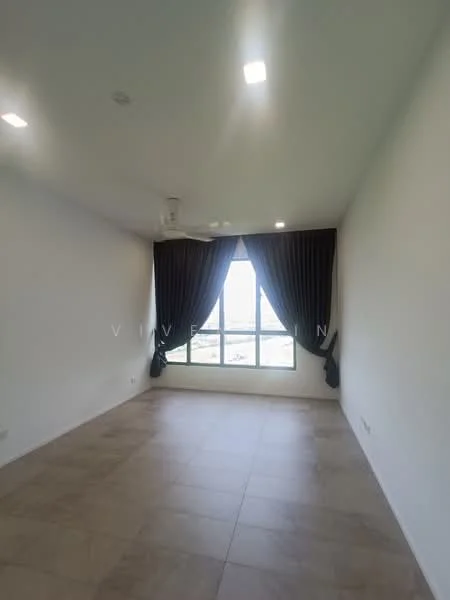 Room features: large floor-to-ceiling window, dark curtains, white painted walls, tile flooring, ceiling fan with light, neutral color scheme, unfurnished space, view of the outside; style: modern; view: city.