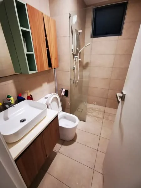 Bathroom features: single-sink vanity with wood cabinet, white ceramic sink, chrome basin mixer faucet, one-piece toilet, walk-in shower with glass enclosure, shower head, tile flooring, light brown wall tiles, green cabinetry, wooden cabinetry, window for natural light; style: modern.