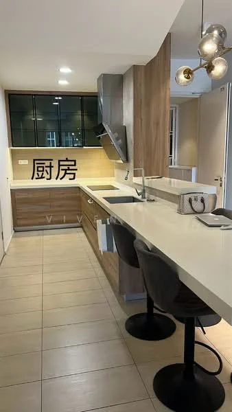 Kitchen features: white quartz countertop, wood cabinetry, black glass upper cabinets, stainless-steel range hood, built-in oven, 4-burner gas hob, single-bowl stainless-steel sink, chrome pull-down faucet, bar seating with two stools, pendant lighting, tile flooring, backlit wall, wall-mounted cabinets; style: modern.