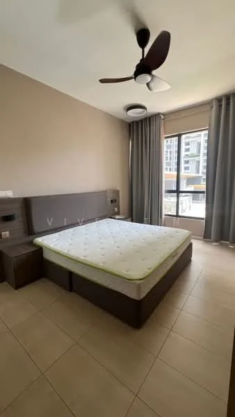 Bedroom features: queen-size bed base, mattress, ceiling fan with 3 blades, floor-to-ceiling window, grey curtains, light beige painted walls, tile flooring, nightstand, wall-mounted light switch; style: modern.