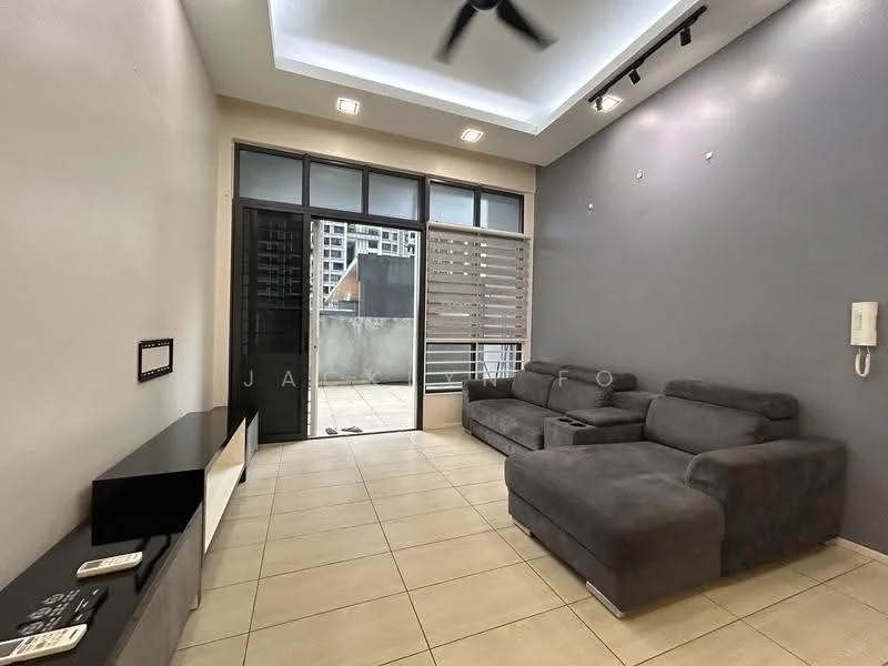 Living features: grey sectional sofa, wall-mounted TV, white TV console, tile flooring, recessed ceiling lights, ceiling fan, sliding glass door, floor-to-ceiling windows, grey accent wall, outdoor balcony view; style: modern; view: city.