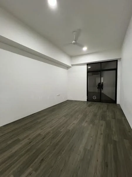 Room features: white painted walls, wooden flooring, ceiling fan, floor-to-ceiling glass door, natural light from glass door, minimalist design, high ceiling, no visible furniture; style: modern.