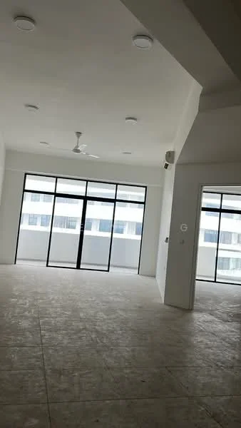Room features: white painted walls, exposed ceiling with recessed downlights, 5-blade ceiling fan, large floor-to-ceiling windows, neutral tile flooring, open layout, natural light from windows, view of exterior building, no visible furniture or decor; style: modern; view: city.