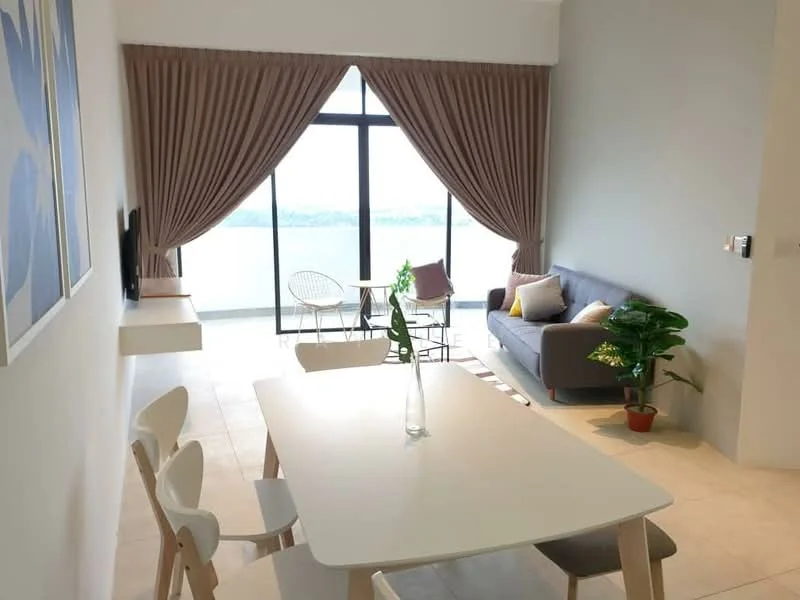 Living features: grey fabric sofa, white coffee table, TV console, wall-mounted TV, floor-to-ceiling windows, sheer curtains, decorative plant, area rug, dining table with white surface, 4 wooden dining chairs; style: modern; view: sea.