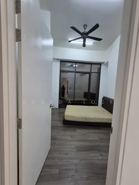 Bedroom features: wooden flooring, white painted walls, 5-blade ceiling fan, large window with sheer curtains, queen-size bed base, no bedding visible, minimalist decor, neutral color palette; style: modern.